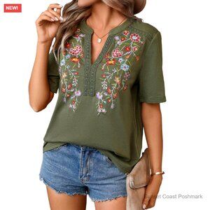 Embroidered Tunic Top Short Sleeve V Neck Floral Blouse